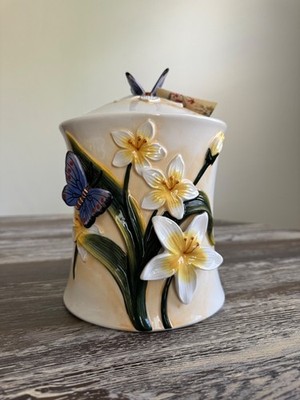 Corner Ruby Botanical Collection Butterfly / Lily Ceramic Canister NEW