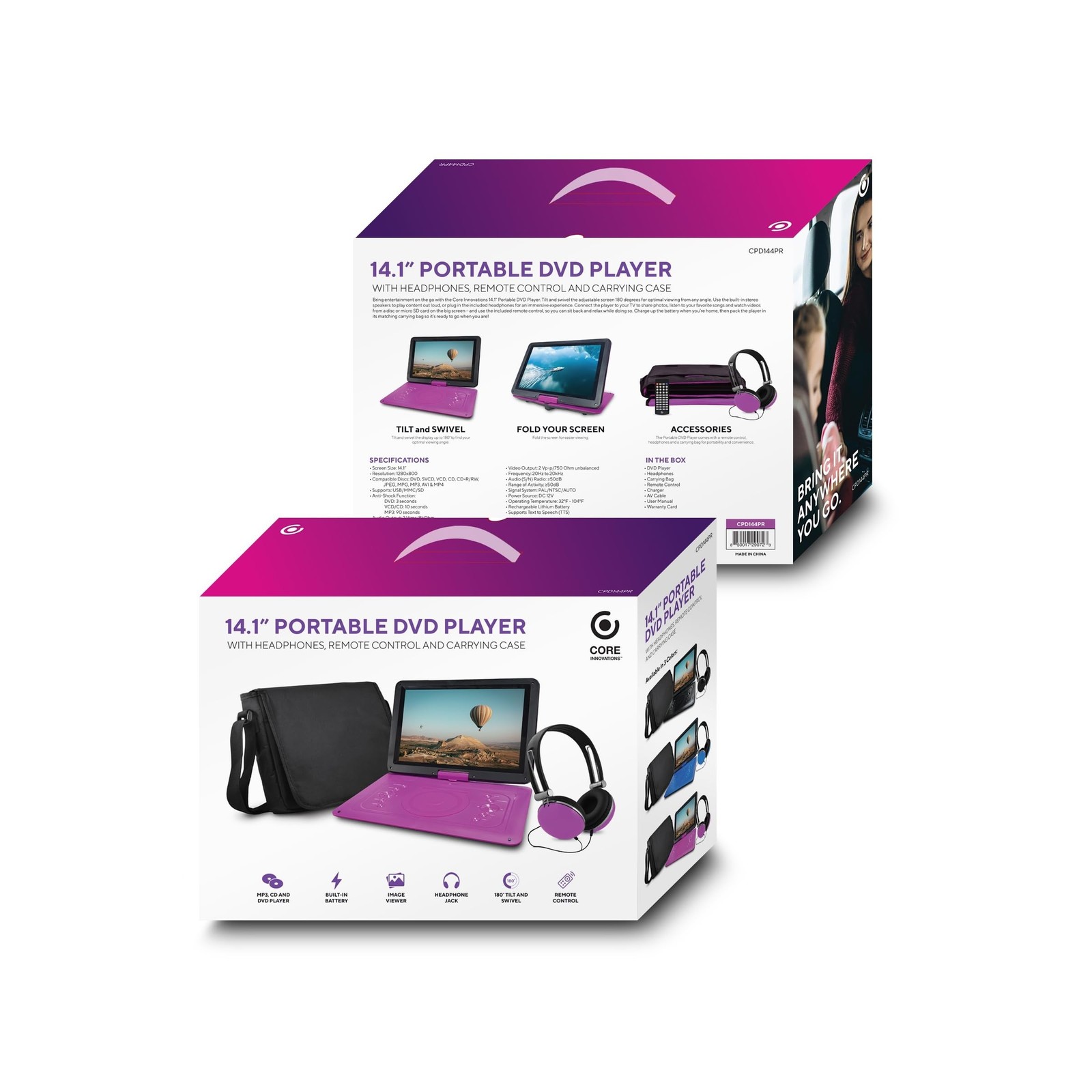 Core Innovations 14" Portable DVD Player with Headphones, Remote Control, and...