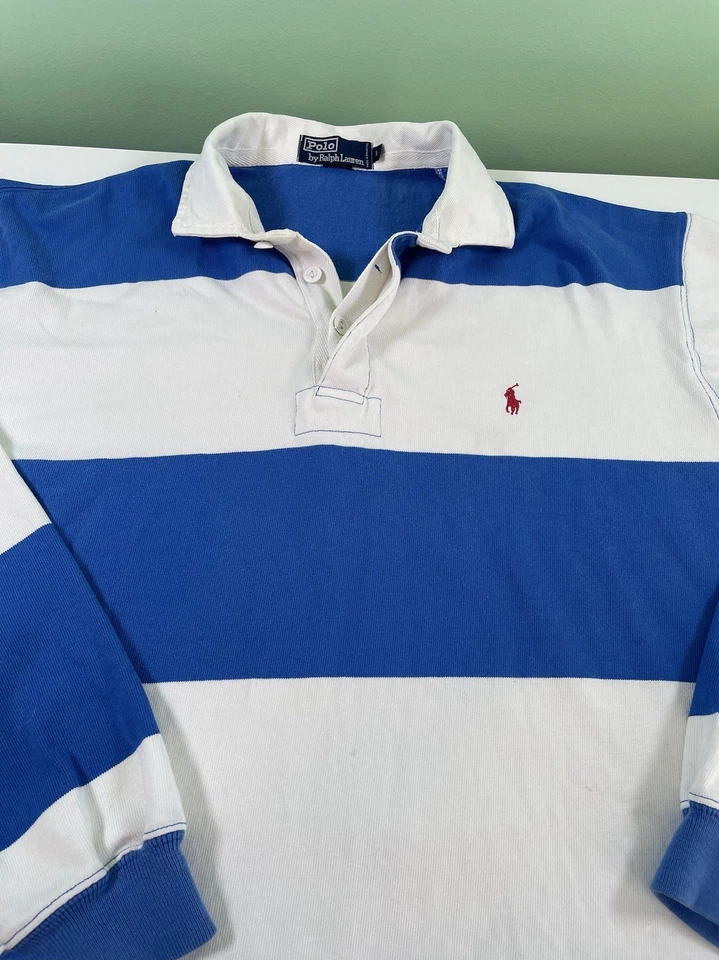 Винтажная рубашка регби 90-х Polo Ralph Lauren в полоску размер L синяя/белая мужская - Изображение 3 из 4