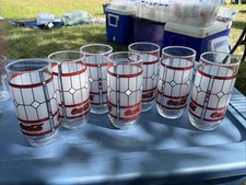 VINTAGE LIBBEY COCA COLA GLASSES FROST TIFFANY STYLE WINDOW PANE Lot of 7 (B)
