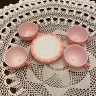 Vintage Hazel Atlas Crinoline Pink Ruffled Milk Glass Teacups & Saucers Set Of 4