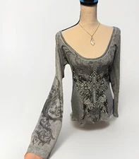 Sinful Affliction Look thermal top rhinestone cross wings tattoo long sleeve M