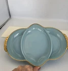 Vtg Fire King Delphite Blue 3 Sec. Glass Serving Tray Plate Gold Edge 11 x 7.5