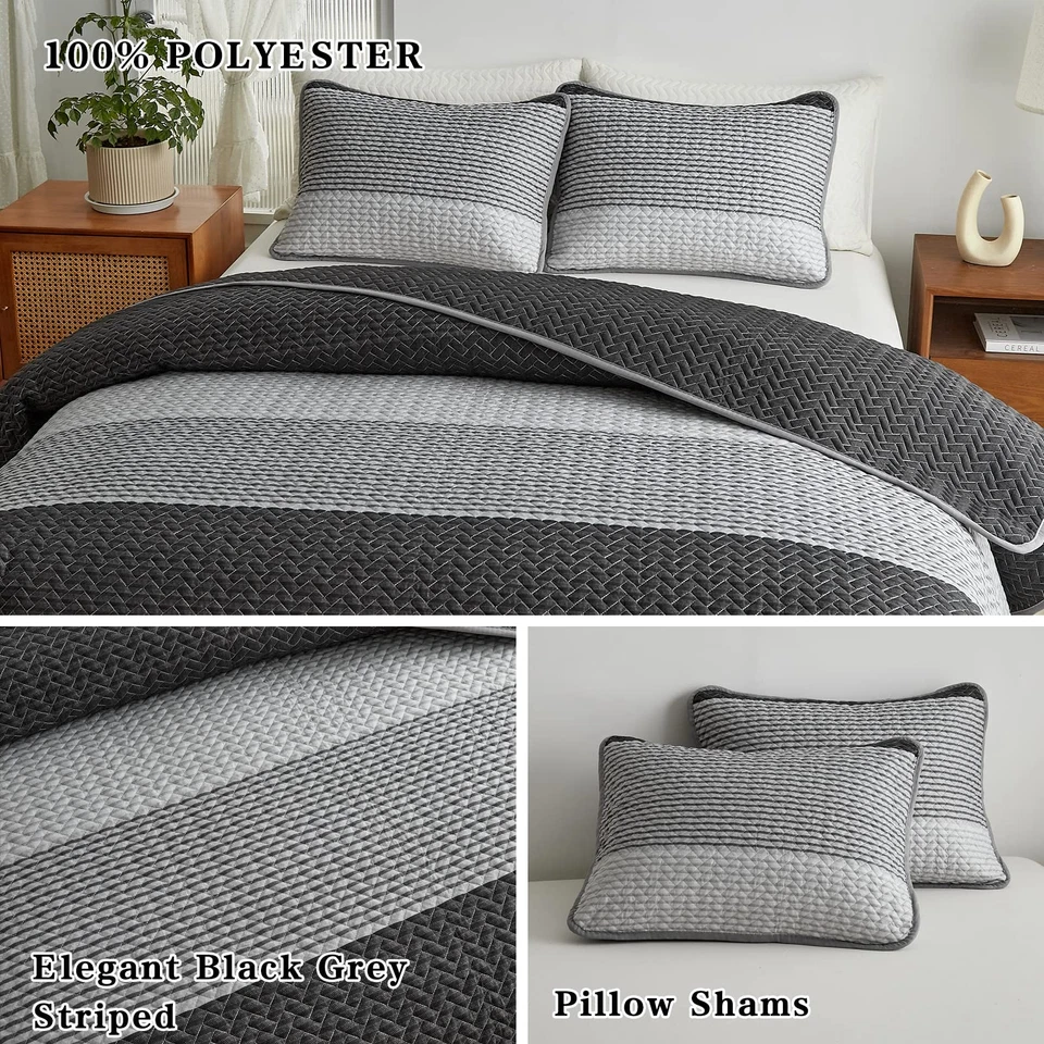 Juego de edredón a rayas Flysheep Boho tamaño king, 3 piezas gris y blanco reversible Foto 4 de 4