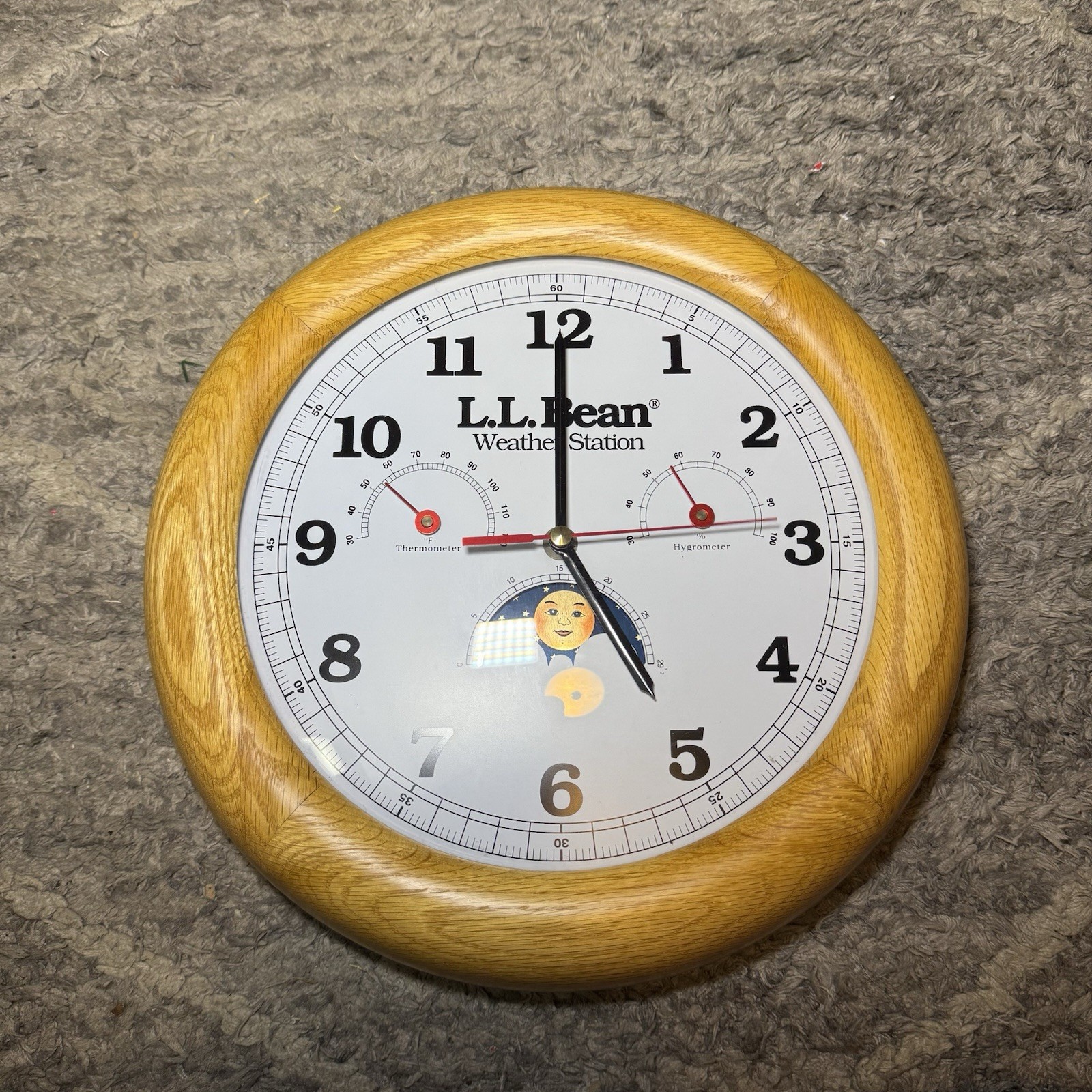 Wall Clock Oak Wood Frame Moon Phase Thermo/hygro