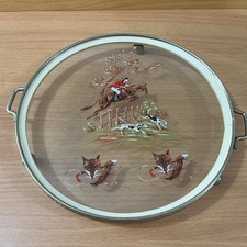 Vintage fox horse hunting Circular Glass / metal Tray with ball feet Dia 21 cm 