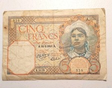 1941 Algeria 5 Francs Note; Pick 77b VG-FINE