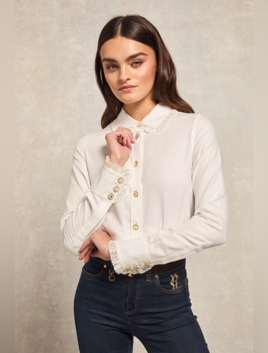 Holland Cooper Rose Shirt White Blouse Lace Collar Size 10 Classic Feminine  | eBay