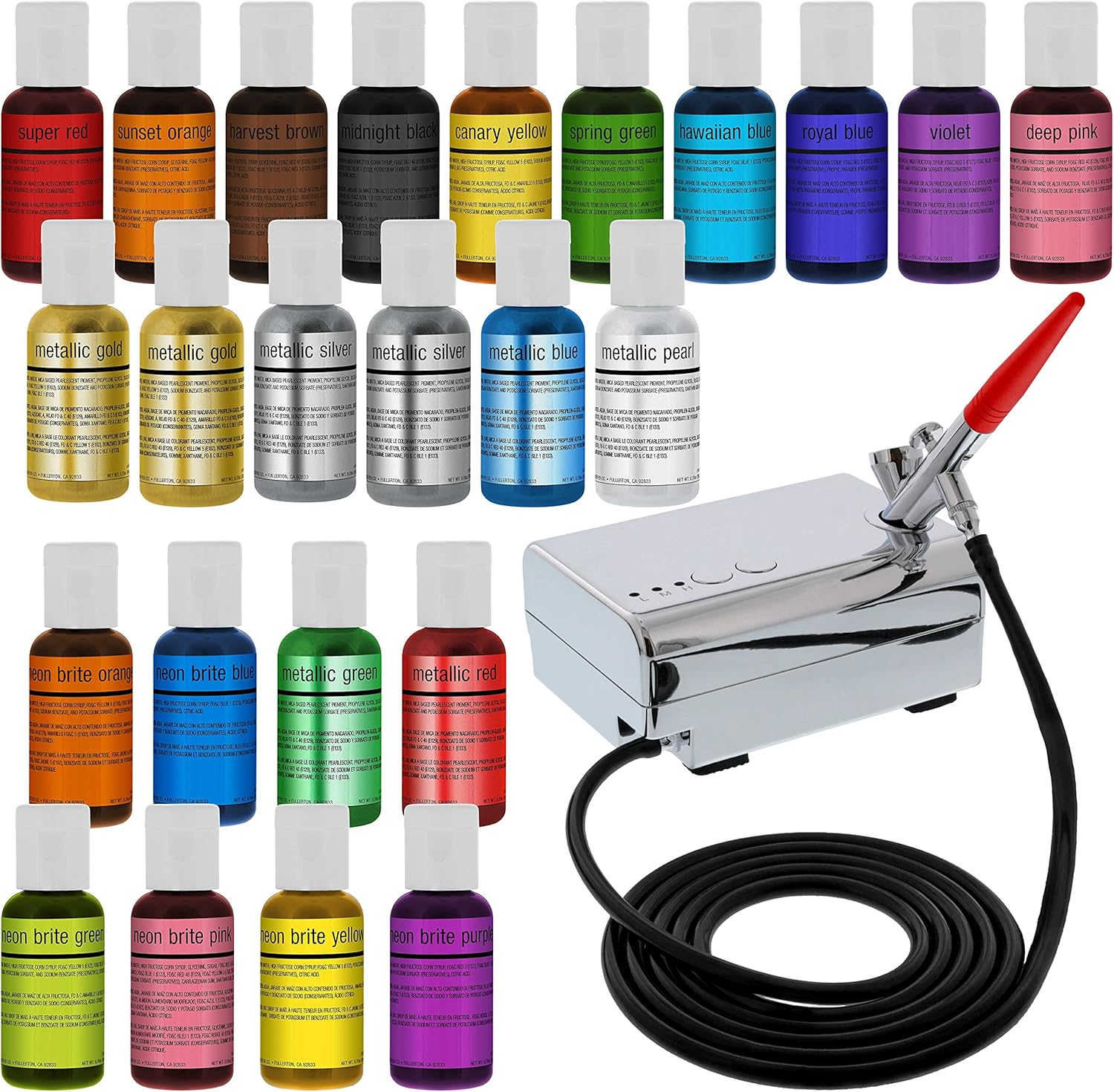 Complete Cake Airbrush Decorating Kit with 24 Vibrant Food Colors - Air Brush fo