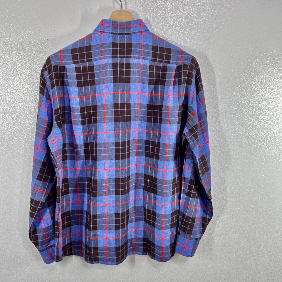 Camisa a Cuadros de Lino Colección Ledbury Reserve Azul Marrón Rojo Calce Clásico 16.5 L Foto 3 de 4