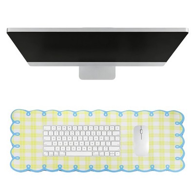Scalloped Desk Mat, 31.5 x 11.8'' Checkered Large Mouse Pad, Bright Blue-Yellow