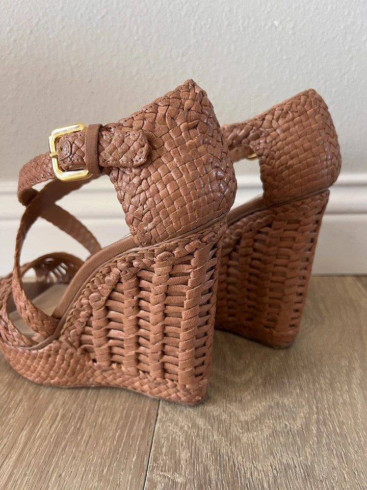 Prada Woven Tan Platform Wedge Sandals 39.5 - Image 3 of 4