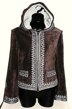 June Womens Jacket Hooded Emboidery Suede Brown Size S