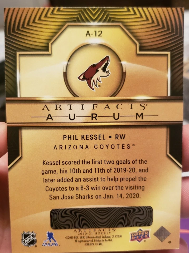 2020-21 Upper Deck Artifacts Arizona Coyotes Phil Kessel Aurum Unredeemed - Image 2 of 2