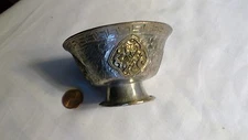 Antique Middle-Eastern Bowl, Hammered White Metal on Copper, Gold Accents, 3.5"D