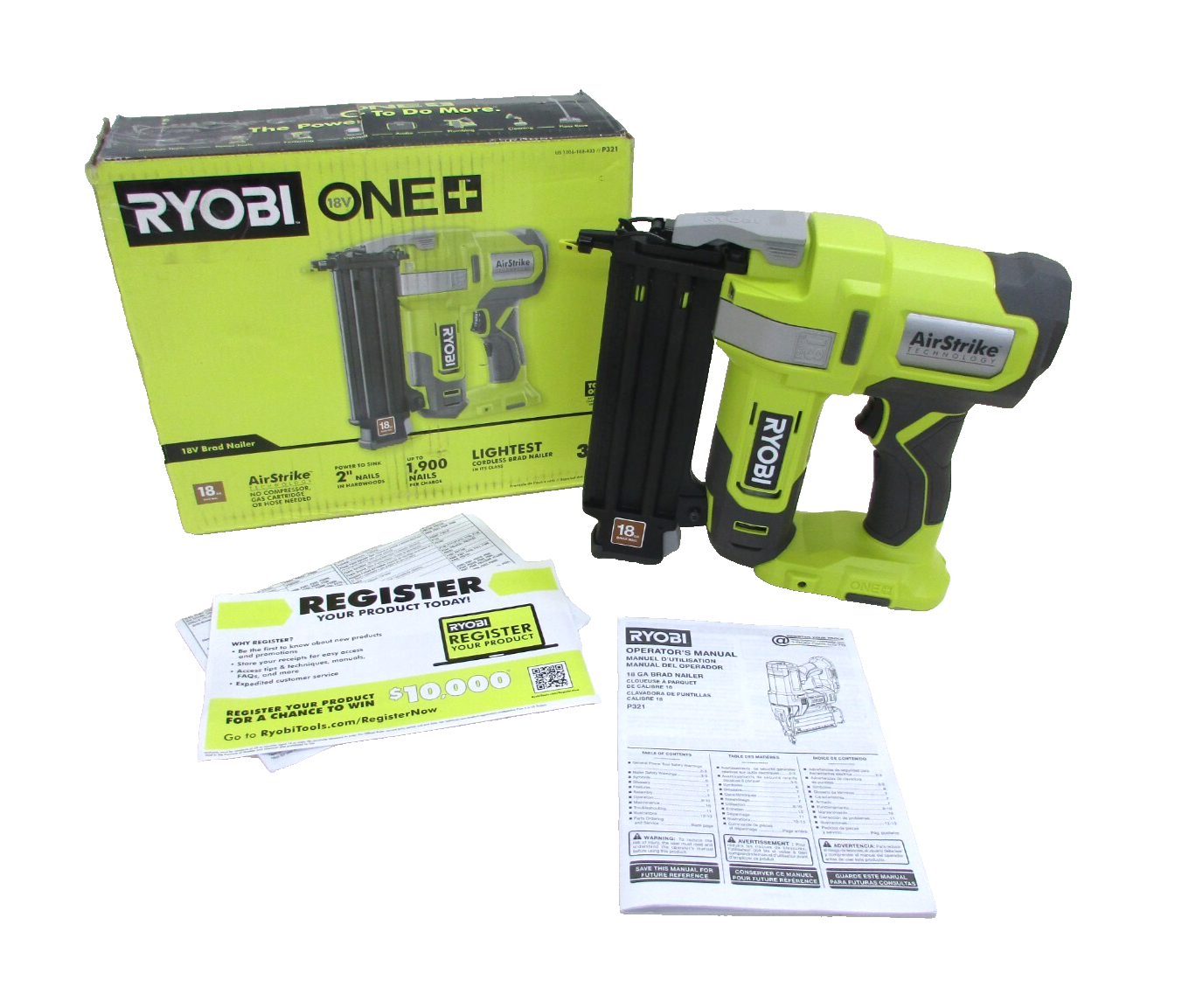 RYOBI ONE+ 18V Cordless 18-Gauge Airstrike Brad Nailer Tool Only P321