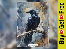 Mystic Raven, traditioneller Aquarell Vogel Kunstdruck 5"x7" auf mattem Papier