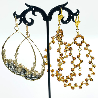 Gold Tone Pierced Earrings Lot of 2 Beaded Grey and Orange Teardrops Dangles