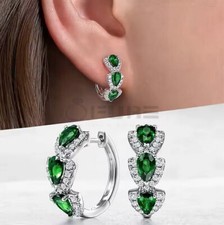 Silver/Green Trendy Women 925 Sterling Silver Crystal Huggie Hoop Earrings