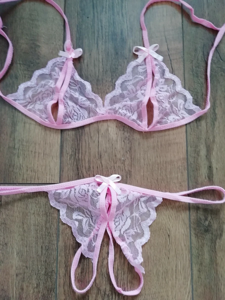 SEXY PEEPHOLE BRA AND LACE CROTCHLESS THONG SET PINK WITH GIFT BAG SIZES  8-14