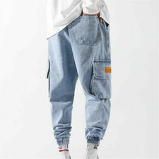 Men Loose Tapered Jeans Harem Pant Drop Croth Cargo Denim Trousers Hip Hop Pants