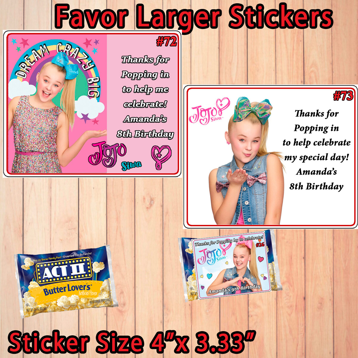 JoJo Siwa Birthday Stickers Favor Address Bottles Popcorn 1 Sheet Personalize