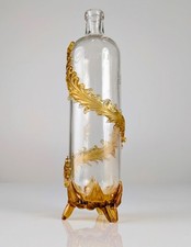 Bouteille Art Nouveau Français en Verre d'Uranium avec Feuilles d'Ambre, vers...