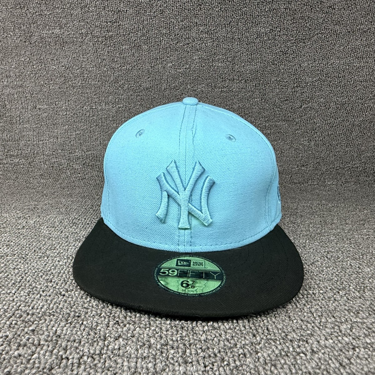 New Era 59FIFTY NY Yankees Fitted Hat Light Blue Black Flat Brim Size 6 7/8