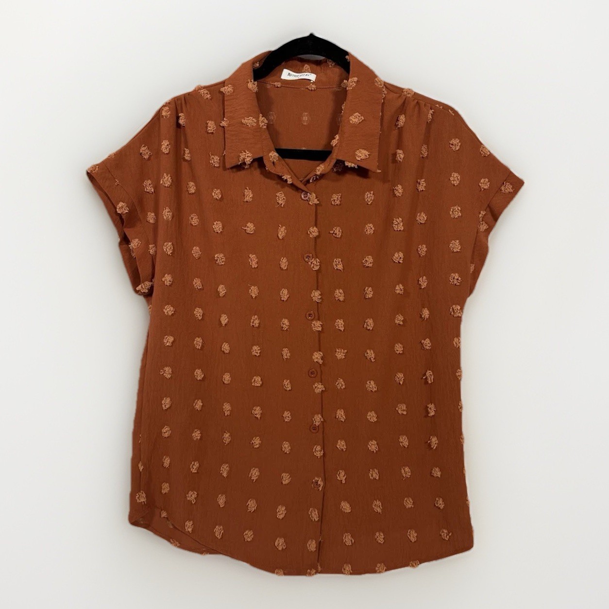 Bothenial Women's Brown Polka Dot Button-Up Blouse Collared Short Sleeve L