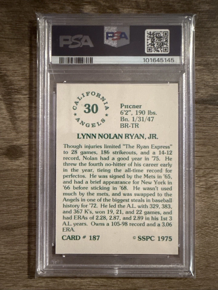 1975 SSPC Nolan Ryan #187 PSA 9(OC) Mint HOF California Angels - Image 2 of 2