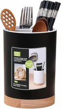 BUBBLE-FLY Modern Kitchen Utensil Holder with Drainage, Black and Wood Base, 3 C