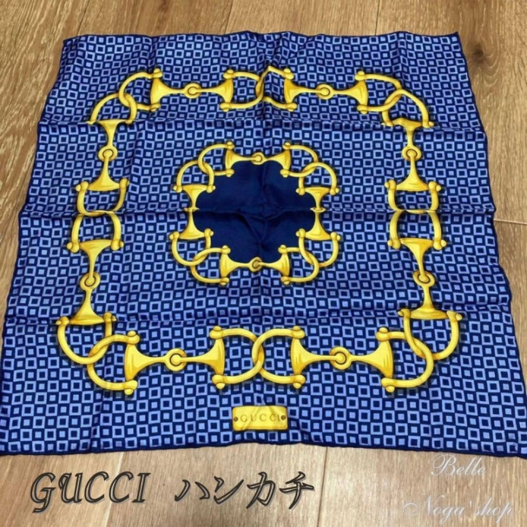 GUCCI Gucci écharpe motif trotteur soie mouchoir marine petit unisexe occasion