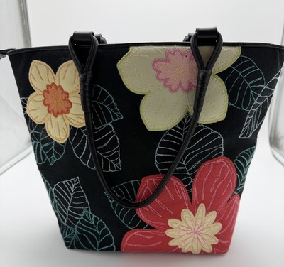 Talbots Black Floral Canvas Zipper Tote Bag