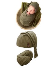 Newborn Baby Photography Wrap Long Tail Hat Crochet Outfit Picture Blanket Green
