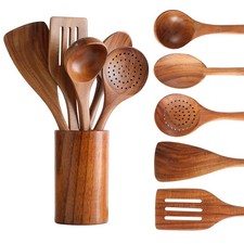 Wooden Spoons for Cooking, Cooking Utensils Set of 6 Natural Teak Wooden Cook...