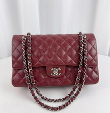 AUTH Chanel Classic Flap Medium Burgundy Caviar Leather Silver Hardware Chain