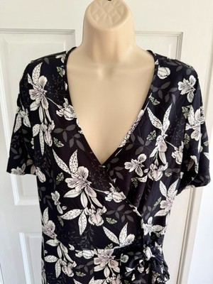 Kiabi Floral Wrap Jumpsuit Black Pink Wide Leg Tie Waist UK 10 12