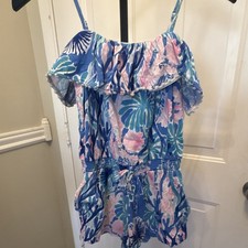 Lilly Pulitzer Girls Floral Sleeveless Romper Size L 8-10 Blue Pink Cotton