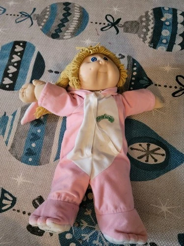 Vtg 1982 Coleco Cabbage Patch Kids Doll Blonde Blue Eye Dimple Pink Bunny Outfit
