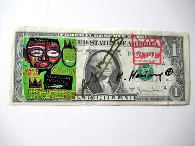 C) A. WARHOL/K. HARING/J. M.BASQUIAT: 1$ BANKNOTE 3x SIGNIERT, POSTST. 20.01.87