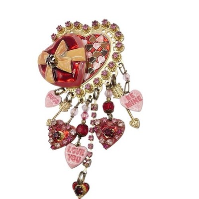 Lunch At The Ritz Pink Valentine Heart Vintage Brooch with Dangling Charms