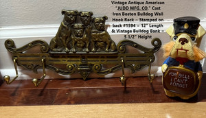 Antique "JUDD" Bronze (?) Boston Bulldog Wall Hook & Vintage Bulldog Bank