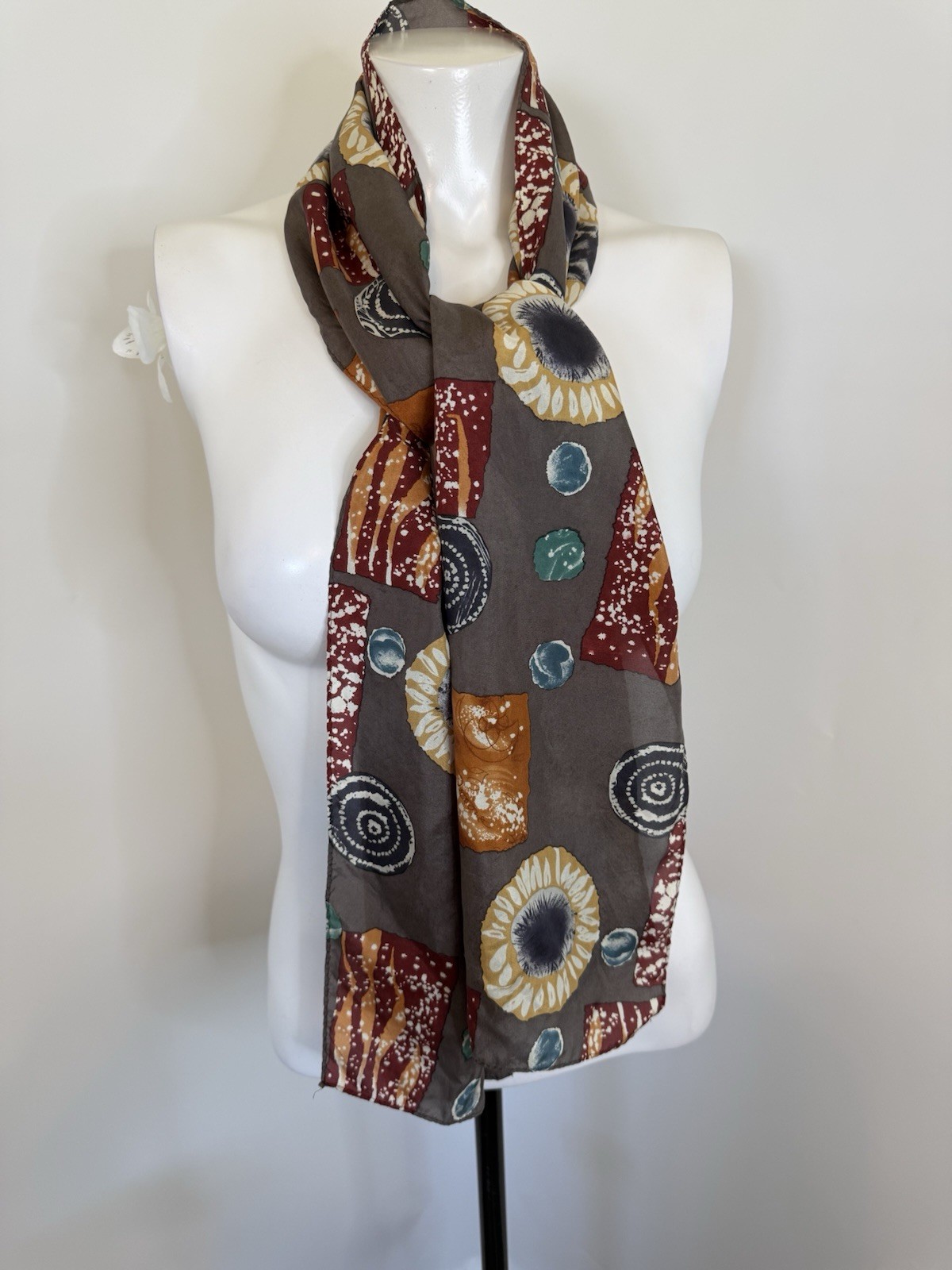 Vintage Silky Scarf Rectangular Brown Orange Teal… - image 11