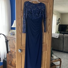NWOT Lauren Ralph Lauren Evening Navy Lace Dress Size 6 Floor Length Slit Lined