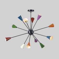 Luminaire lustre Spoutnik en laiton abat-jour multicolore à 12 bras milieu du...