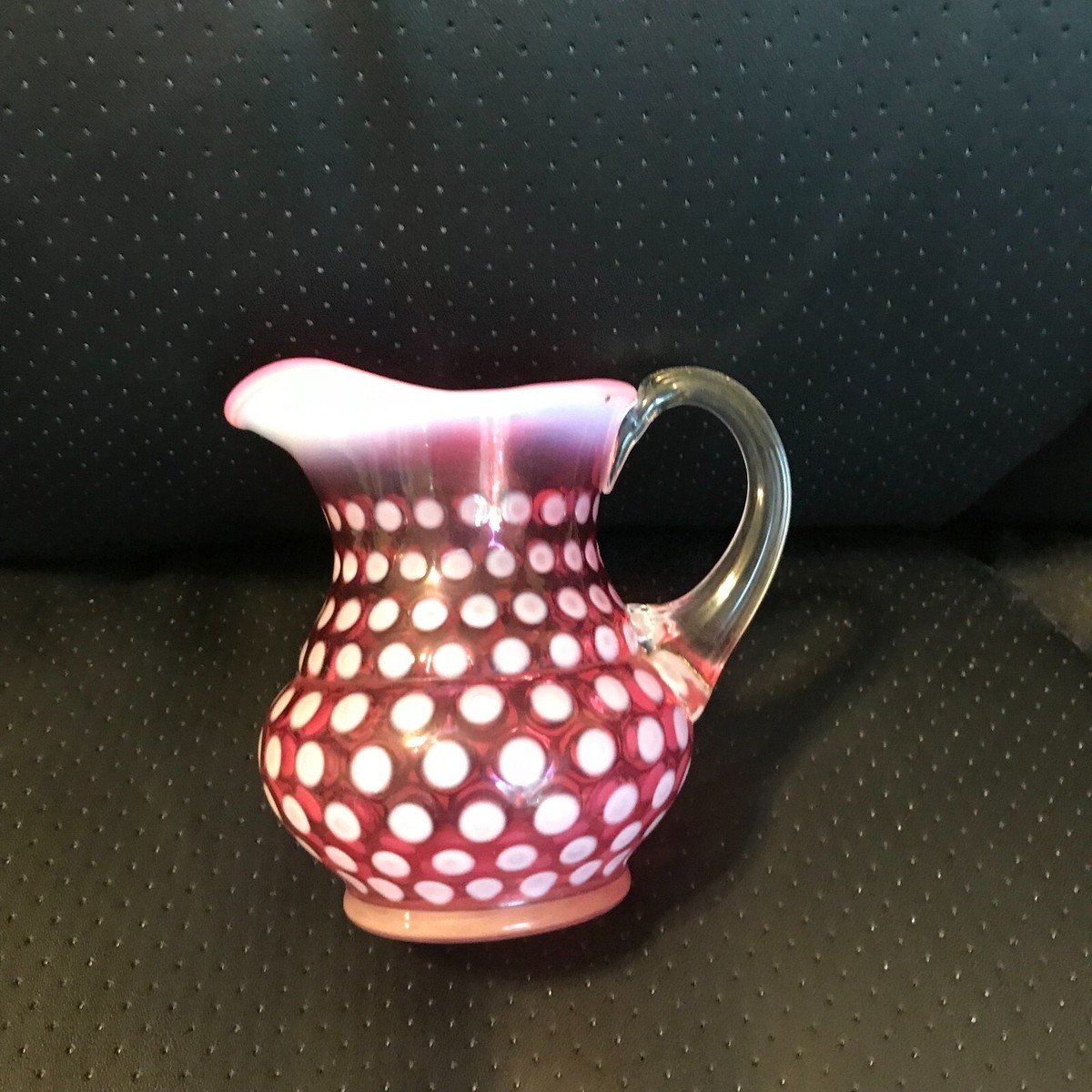 Antique Cranberry Pitcher w/ Opalescent Dots & Clear Glass Handle