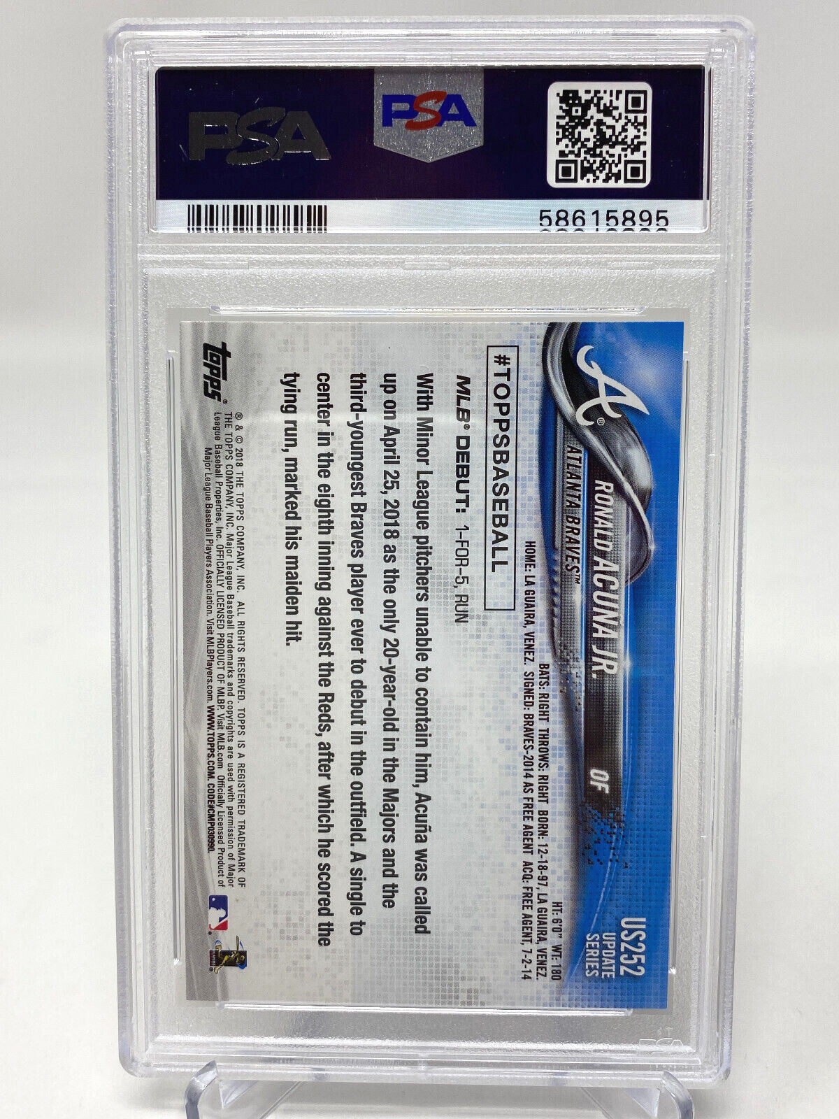 2018 Topps Update #US252 Ronald Acuna Jr. PSA 10 Gem Mint Rookie Debut view 8