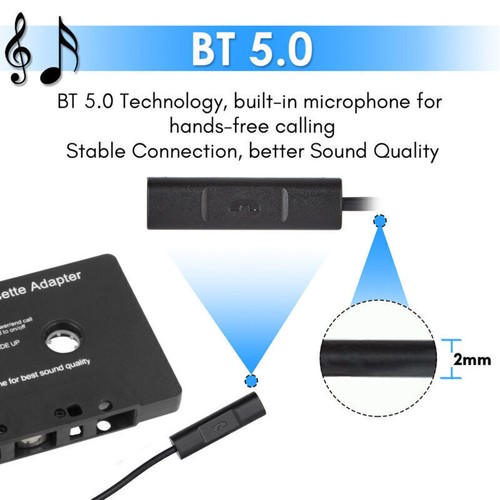 Bluetooth5.0 Car Audio Tape Cassette Adapter Converter FOR IPhone Android MP3 CD - Afbeelding 2 van 7