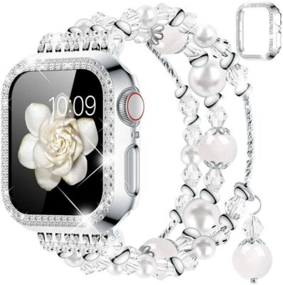 Pearl Strap iWatch Band+Diamond Case For Apple Watch Series 9 8 7 6 5 4 3 2 1 SE