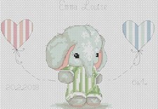Birth Sampler - Baby Elephant in Green Counted Cross Stitch CHART No. 5-140